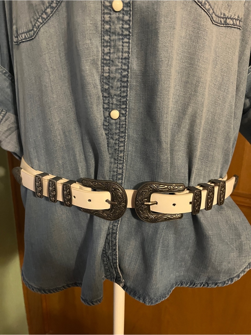 Sz M/L Pinto Ranch Double Silver Buckle White Western Leather Belt Boho